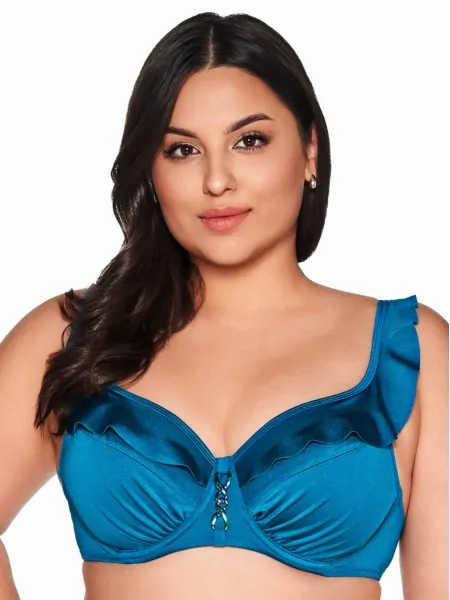Bright turquoise unpadded beach bra / swimsuit top with draped ruffle neckline and straps Ava SK 213 Azure