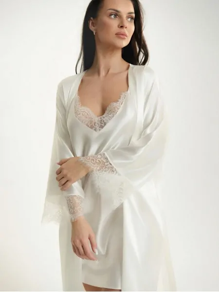 Women's Satin Nightgown Ava 006 Whisper – Cream Colour, Thin Straps and Elegant Lace