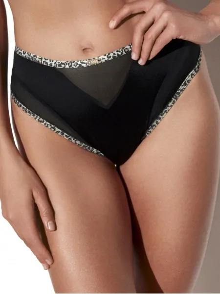 Ava 2272 Black Panther Panties - Microfiber with Mesh and Leopard Trim, Black