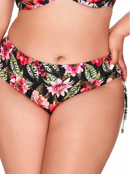 Women's Beach Briefs with Bright Flowers on Black Background / Bikini Bottom with Hip Adjustment Ava SF 218/2 Floral