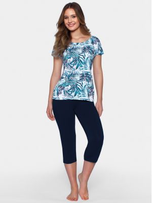 На картинке изображено - Женская пижама / домашний комплект из нежной вискозы: узорчатая футболка и узкие синие штаны Babella Paradiso | фото 1
