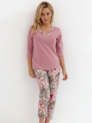 Жіноча піжама з якісної бавовни / чарівний домашній комплект: однотонна футболка з оздобленням на комірі та штани з квітковим візерунком Cana 261