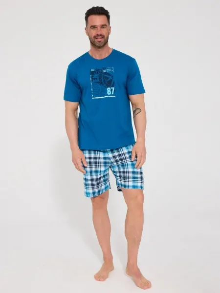 Men's Pajama Set Cornette KR 326/344 Compass - dark blue T-shirt and checked shorts