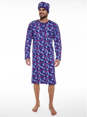 Men's checkered cotton nightgown with cap Cornette KR 110