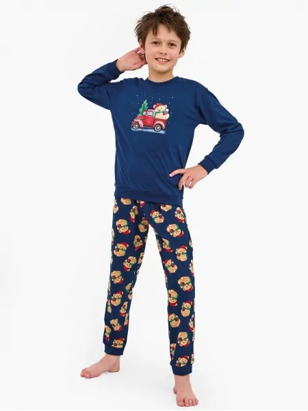 Youth holiday cotton pajamas for teen boy: dark navy sweatshirt and cuffed pants with fun festive print Cornette DR 966/172 Teddy 2, 140-164