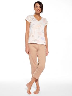 Жіноча піжама / домашній комплект із візерунчастої бавовни в пастельних тонах: футболка і однотонні штани Cornette 658/288 Flora