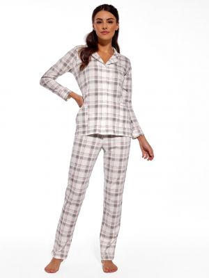 Women's Checkered Cotton Cozy Evening Pajama Set: Pocket Top With Buttons and Long Pants Cornette DR 482/286 Erica