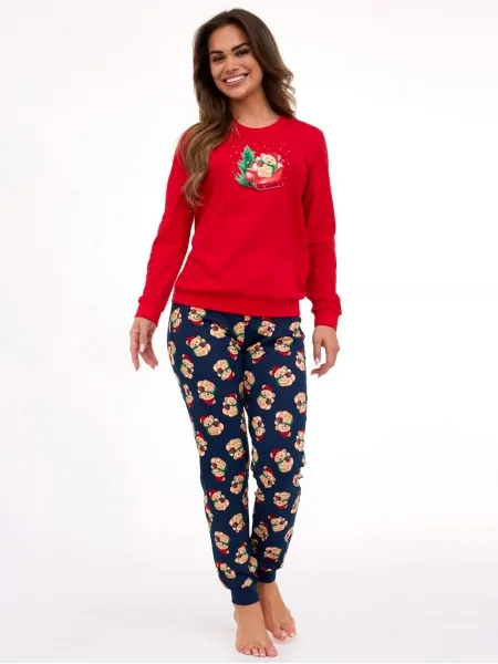 Women's Christmas cotton pajamas: red sweatshirt and dark navy cuffed pants with fun holiday print Cornette DR 671/422 Teddy