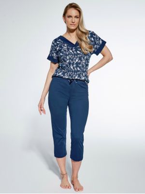 Женская пижама / домашний комплект из качественного хлопка: футболка с экзотическим узором и синие штаны Cornette KR 769/366 Naomi