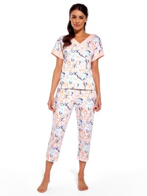 На картинке изображено - Легкая и практичная пижама для женщин / домашний комплект из качественного хлопка с узором: футболка с v-образным вырезом и штаны Cornette KR 815/278 Melissa | фото 1