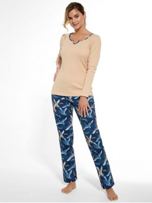 На картинке изображено - Женская хлопковая пижама / домашний комплект с кофтой в рубчик и узорчатыми штанами Cornette 739/318 Veronica | фото 1