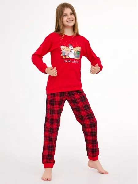 Cuffed cotton pajamas for teenage girl: red sweatshirt with holiday print and checkered pants Cornette DR 592/185 Winter, 140-164
