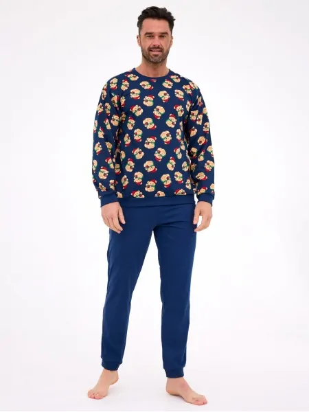Men's Christmas cotton pajamas: dark navy sweatshirt with fun festive print and plain cuffed pants Cornette DR 457/293 Teddy 6