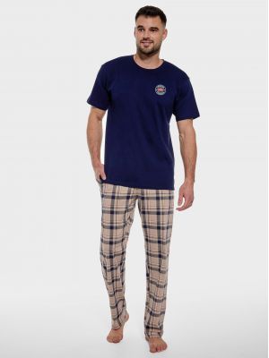 На картинці зображено - Чоловіча піжама з бавовни / комфортний домашній комплект: синя футболка та бежеві штани в клітку Cornette KR 136/166 Canada | фото 1