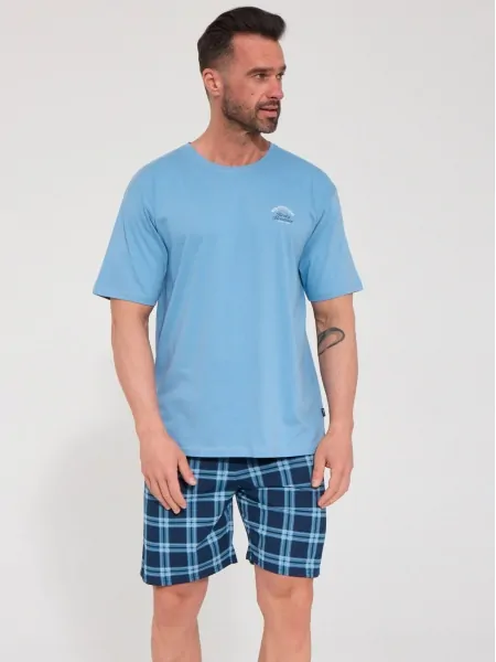 text_img_altCornette KR 326/343 Rocky Mountain 3 Men's Pyjama Set – Light Blue Short-Sleeved T-Shirt and Navy Checked Shortstext_img_after1