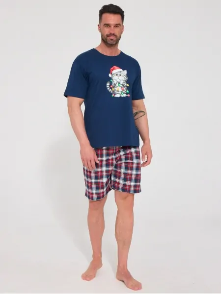 Cornette Cat KR 326/329 Men's Pajama Set - Cat T-Shirt with Plaid Shorts, Navy