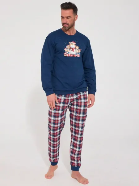 Cornette Family DR 115/323 Men's Pajama Set - Bear Family Top with Plaid Pants, Navy