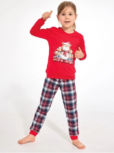 Cornette Family DR 594/205 Girls' Pajama Set - Bear Family Top with Plaid Pants, Red
