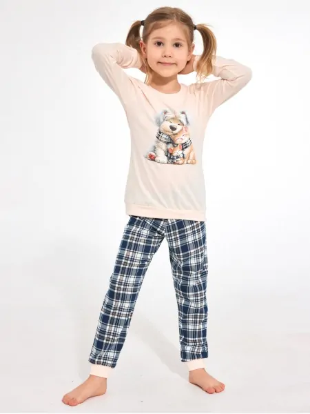 Пижама для девочки Cornette Girl Kids 594/203 Home Friends 98-128 - кремовая кофта и клетчатые брюки на манжете