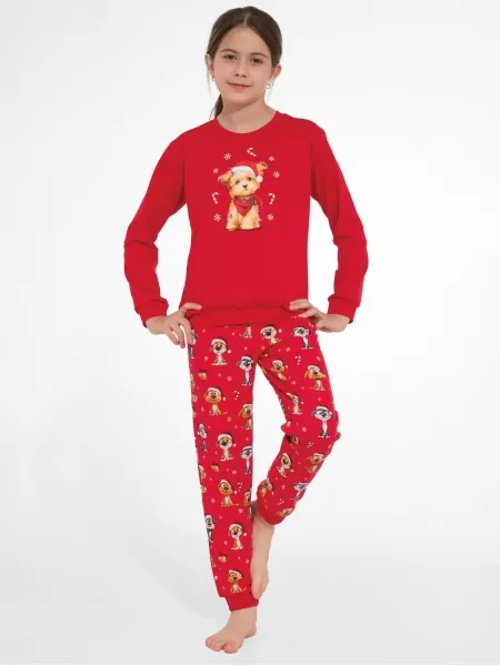 Cornette Dog 2 592/206 Teen Girls' Pajama Set - Puppy-Print Long-Sleeve Top, Red