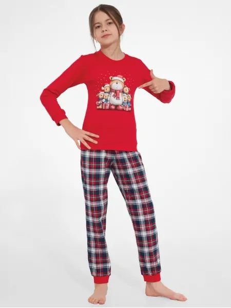 Cornette Family DR 592/205 Teen Girls' Pajama Set - Bear Family Top with Plaid Pants, Red