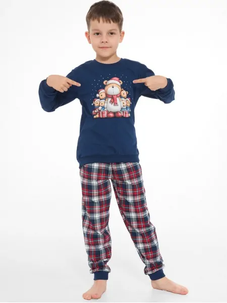 Cornette Family DR 593/186 Boys' Pajama Set - Bear Family Top with Plaid Pants, Navy