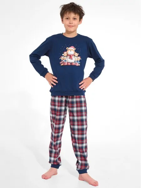 Cornette Family DR 966/186 Teen Boys' Pajama Set - Bear Family Top with Plaid Pants, Navy