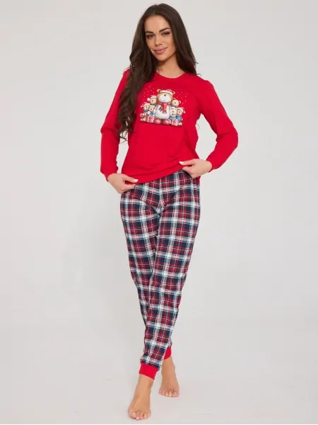 Cornette Family DR 671/480 Women's Pajama Set - Bear Family Top with Plaid Pants, Red