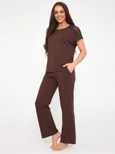 Cornette Margot KR 1114/515 Women's Pyjama Set with Lace at the Shoulders, Chocolate, Trousers with Pockets