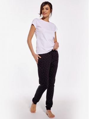 На картинці зображено - Жіночі чорні у горошок домашні штани з манжетами та кишенями Cornette 909 Spring 2024 | фото 1