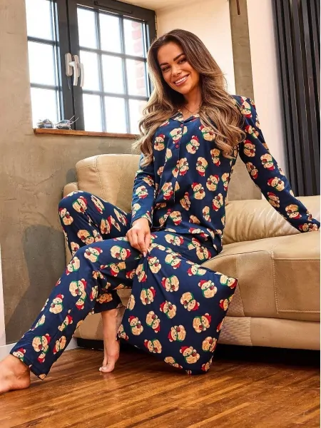 Women's long cotton pajamas with button-up shirt, pockets, and festive print Cornette DR 482/459 Teddy 5