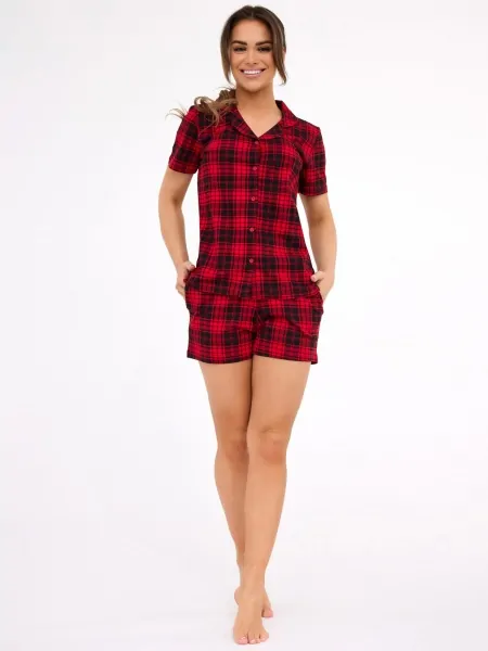 Women's check cotton pajamas: button-up shirt and shorts with pockets Cornette KR 346/424 Tracy 2