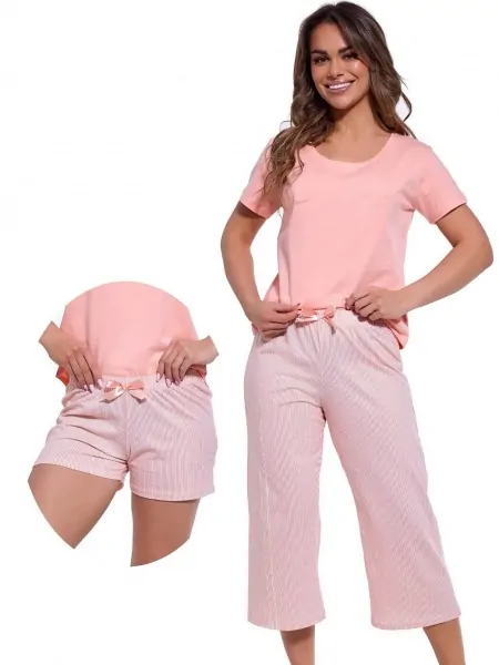 Women's soft cotton three-piece pajama set in a delicate spring color / home suit with a T-shirt, short shorts and capri pants Cornette KR 466/322 Cleo
