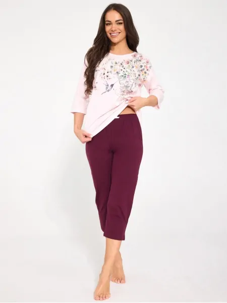 Cornette 1105/497 Floris 2 Women's Pajama Set - Burgundy Capris & Light Pink Hummingbird-Print Top