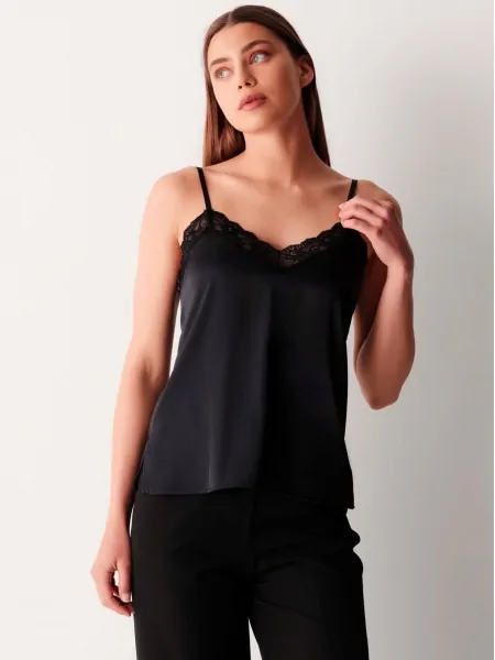 Women's Satin Tank Top with Lace Neckline and Thin Adjustable Straps Cotonella Top ADC74