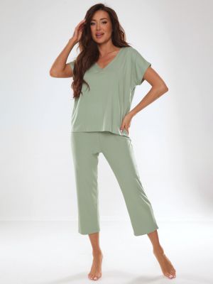 Женская пижама / домашний комплект из качественной вискозы: футболка с коротким рукавом и широкие штаны в рубчик De Lafense 694 Freya II