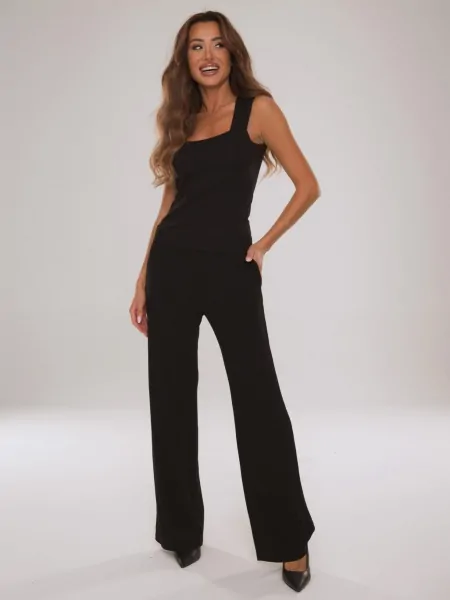 De Lafense Sienna 083 Women's Wide Trousers, Ribbed Viscose, with Pockets, Black