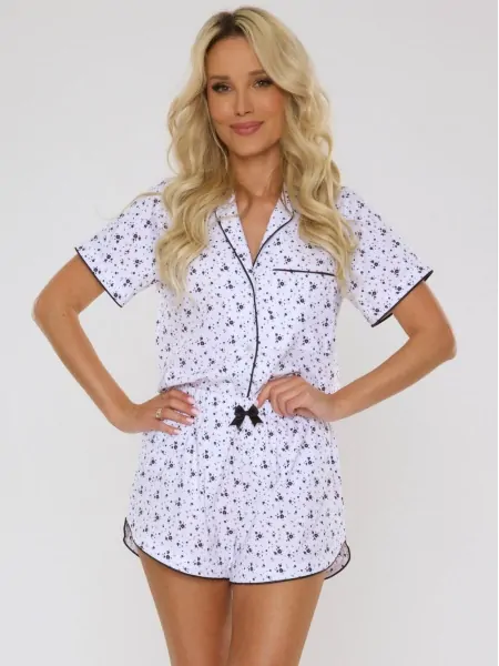 Women's cotton pajamas with delicate pattern with a button-up top and short shorts De Lafense 841 Shelby
