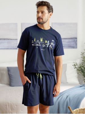 На картинке изображено - Мужской стильный темно-синий домашний комплект / пижама с коротким рукавом Doctor Nap PMB 5355 | фото 1