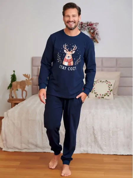 Doctor Nap PMB 7504 Stay Cozy Men's Pyjama Set, 100% Cotton, Reindeer Print, Navy