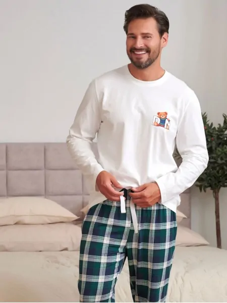 Doctor Nap PMB 7514 Men's Pyjama Set – Cream Top and Dark Green Checked Trousers with Pockets