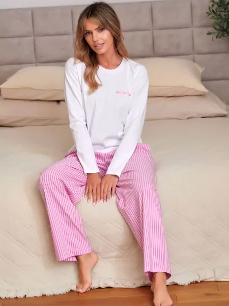 Doctor Nap PM.7521 Women's Pyjama Set, 100% Cotton, White Long-Sleeved Top and Pink Striped Trousers