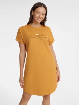 На картинке изображено - Женская короткая ночная сорочка / домашнее платье свободного кроя из жёлтого хлопка с нежным принтом на груди Henderson Ladies Grind 40934 | фото 1