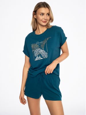 Пижама женская хлопковая / уютный домашний комплект: футболка с принтом на груди и шорты с широким поясом Henderson Apparel 41310