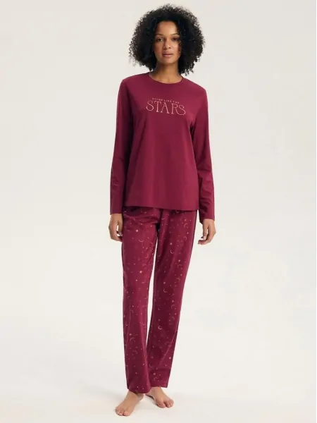 Henderson 45439 Gilly Women's Long-Sleeve Pajama Set - Burgundy with Moon-and-Star Print Pants