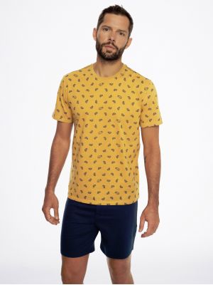 Піжама з бавовни для чоловіків / оригінальний домашній комплект: жовта футболка з візерунком та сині шорти з регулюванням на талії Henderson Clue 41288