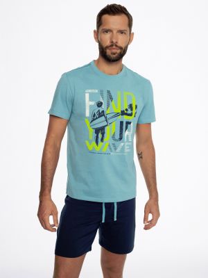 Мужская пижама из качественного хлопка / домашний комплект для идеального отдыха: голубая футболка с ярким принтом на груди и синие шорты Henderson Coast 41285