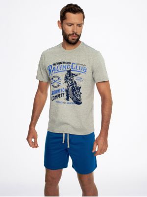 Мужская хлопковая пижама для сладких снов / домашний комплект: серая футболка с принтом на груди и синие шорты с регулировкой на талии Henderson Craft 41280