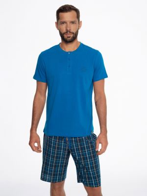 Піжама чоловіча / бавовняний комплект для дому: футболка із застібкою на гудзики та шорти у клітку Henderson Ethos 41294