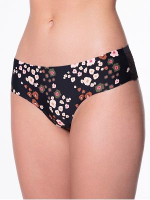 Women's floral print seamless tanga panties with lace back Julimex Peggy Brown